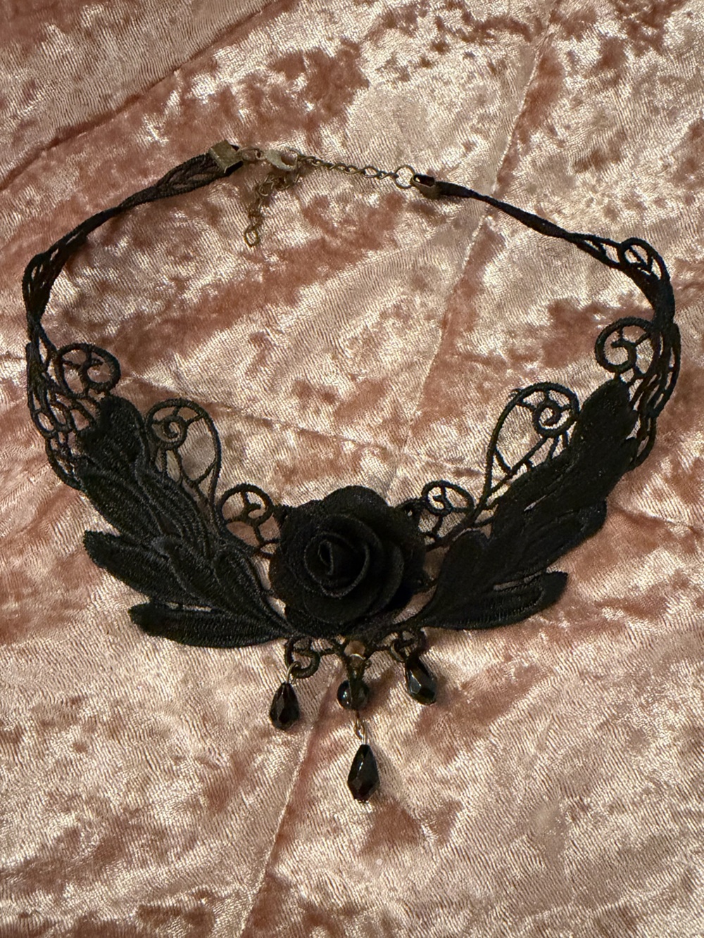 Black Lace Rose Choker Necklace with Bead Drops - Women's Hair & Accessory